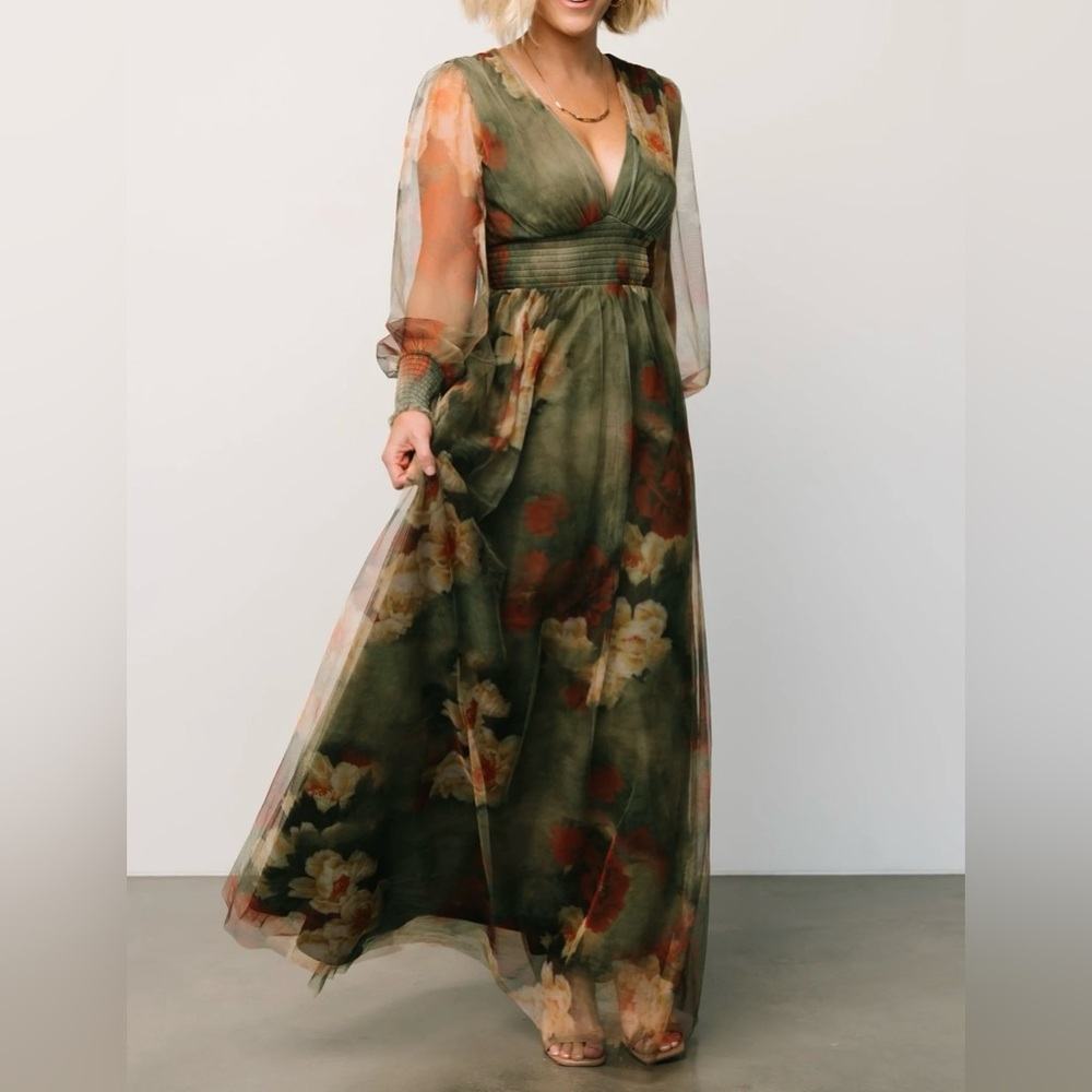 Olive Floral Chiffon Maxi Dress